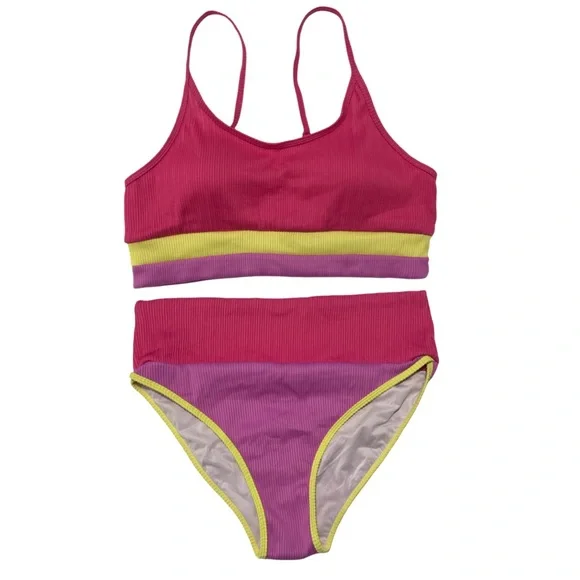 Two Piece Ribbed Adjustable Padded Pink Purple Yellow High-Waist Bikini Set - Picture 1 of 10